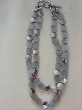 Talbots Double‑Strand Necklace – Grey Beads & Silver Oval Links